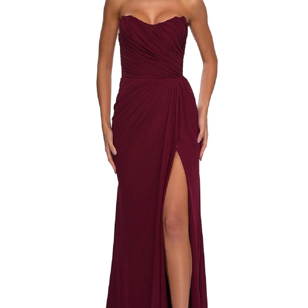 La Femme Strapless Burgundy Gown